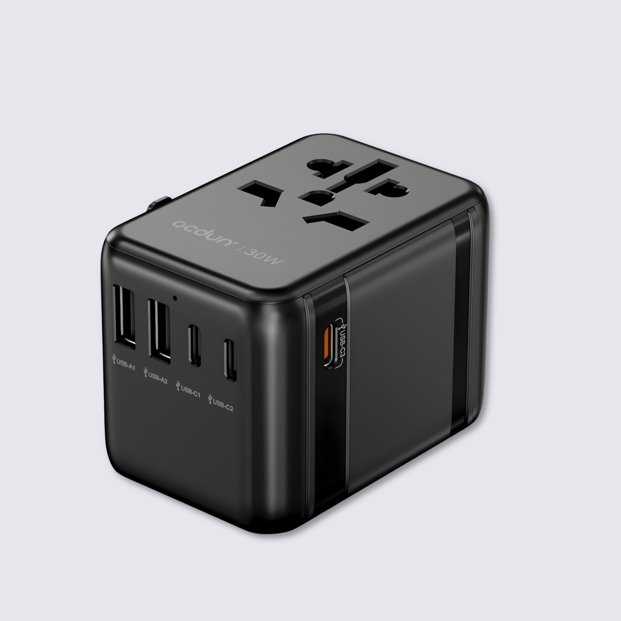 ocdun Universal Travel Adapter 70W GaN III | Worldwide Power Adapter with UK/US/EU/AU Plugs, 2 USB-C PD 70W, USB-A 60W, AC Socket