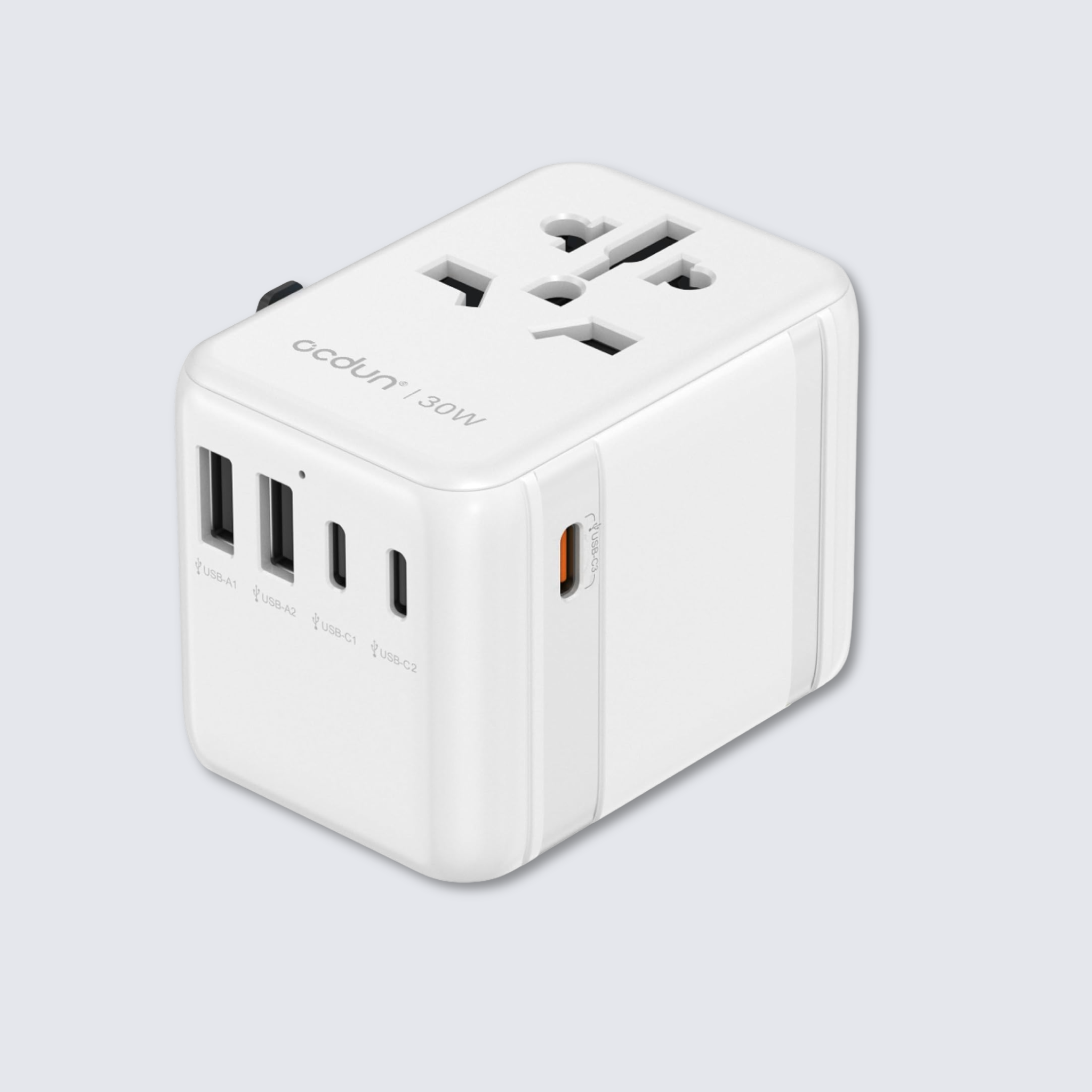 ocdun Universal Travel Adapter 70W GaN III | Worldwide Power Adapter with UK/US/EU/AU Plugs, 2 USB-C PD 70W, USB-A 60W, AC Socket