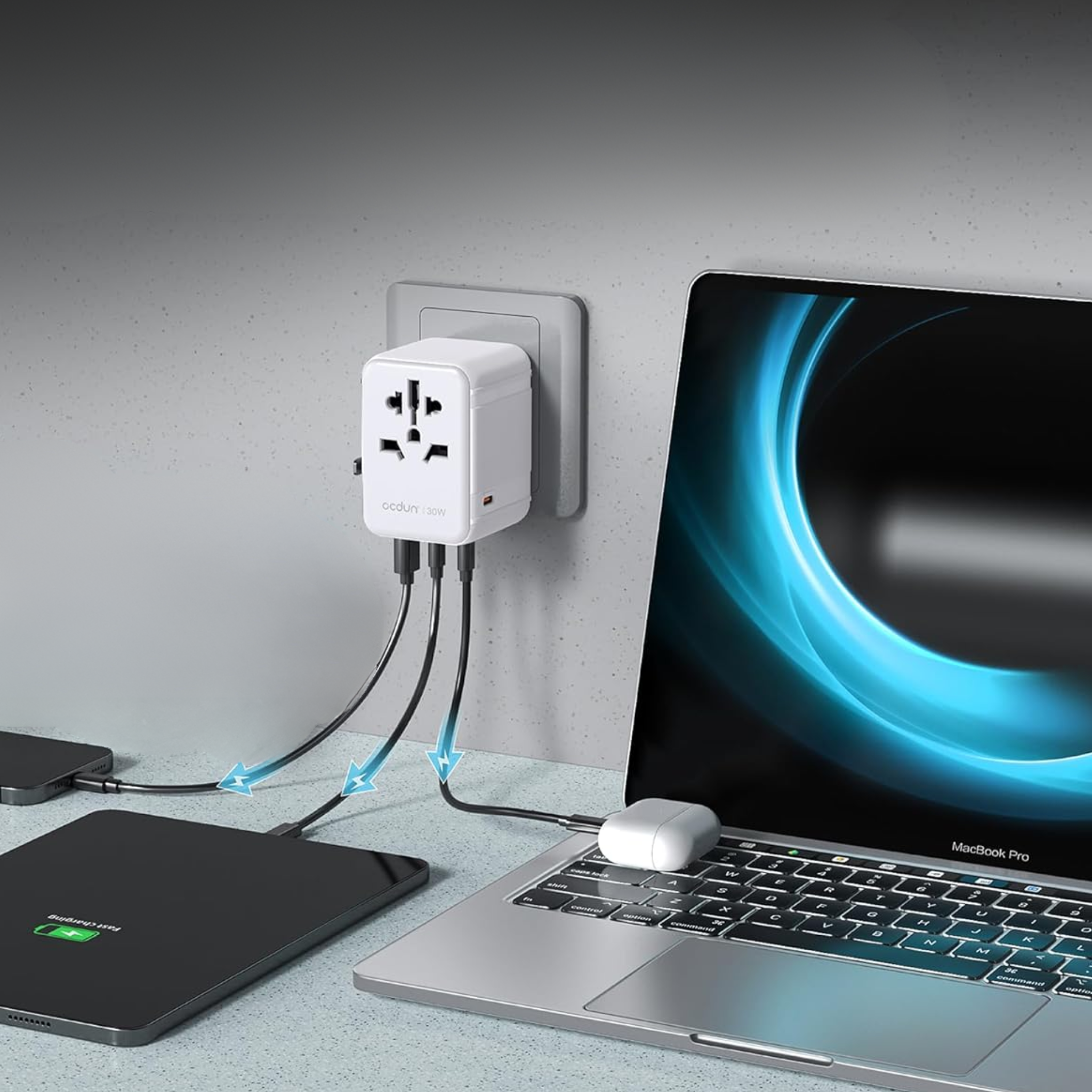 ocdun Universal Travel Adapter 70W GaN III | Worldwide Power Adapter with UK/US/EU/AU Plugs, 2 USB-C PD 70W, USB-A 60W, AC Socket