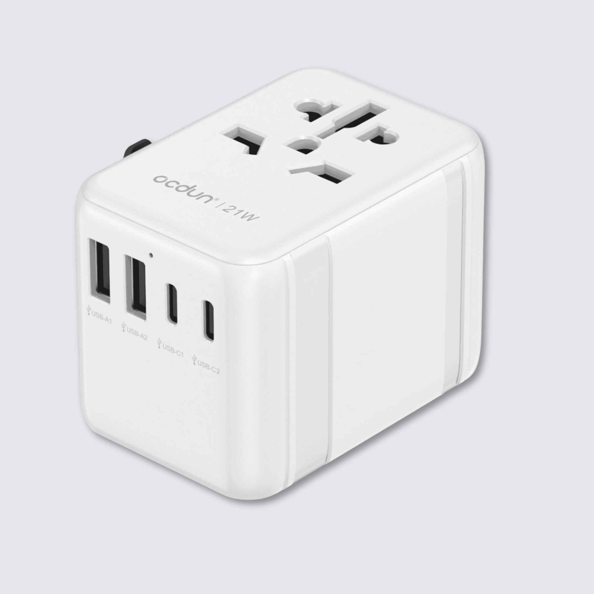 ocdun Universal Travel Adapter 70W GaN III | Worldwide Power Adapter with UK/US/EU/AU Plugs, 2 USB-C PD 70W, USB-A 60W, AC Socket