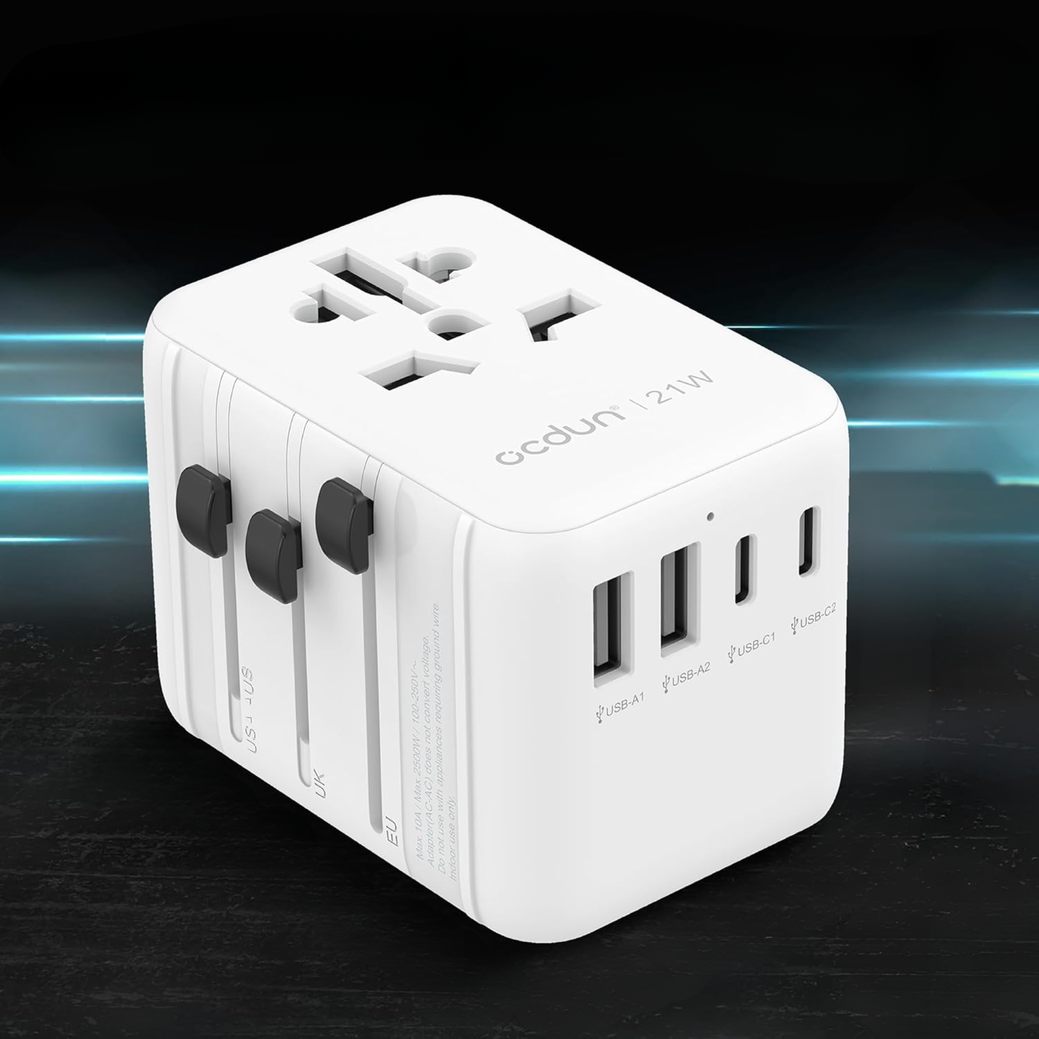 ocdun Universal Travel Adapter 70W GaN III | Worldwide Power Adapter with UK/US/EU/AU Plugs, 2 USB-C PD 70W, USB-A 60W, AC Socket