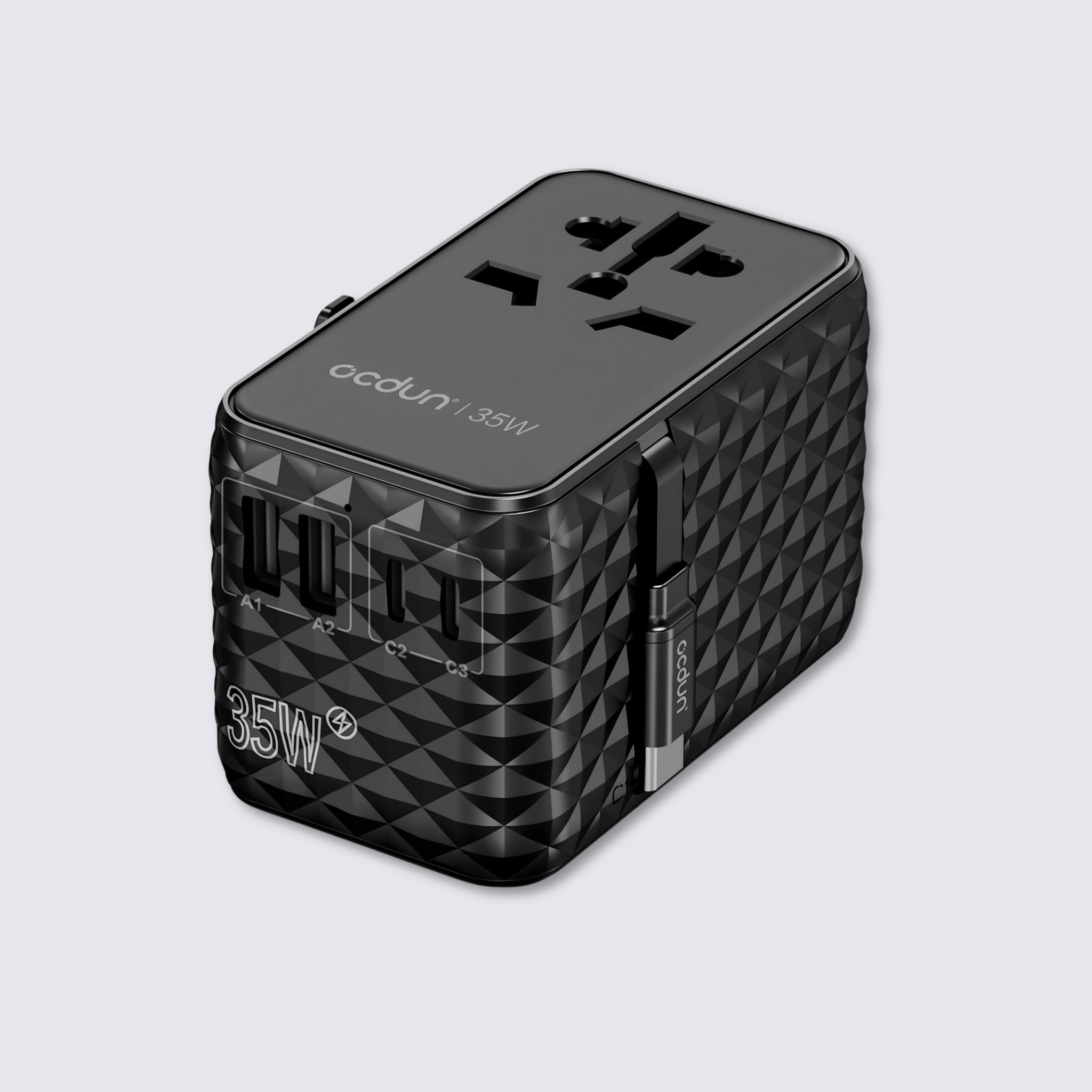 ocdun Universal Travel Adapter 70W GaN III | Worldwide Power Adapter with UK/US/EU/AU Plugs, 2 USB-C PD 70W, USB-A 60W, AC Socket