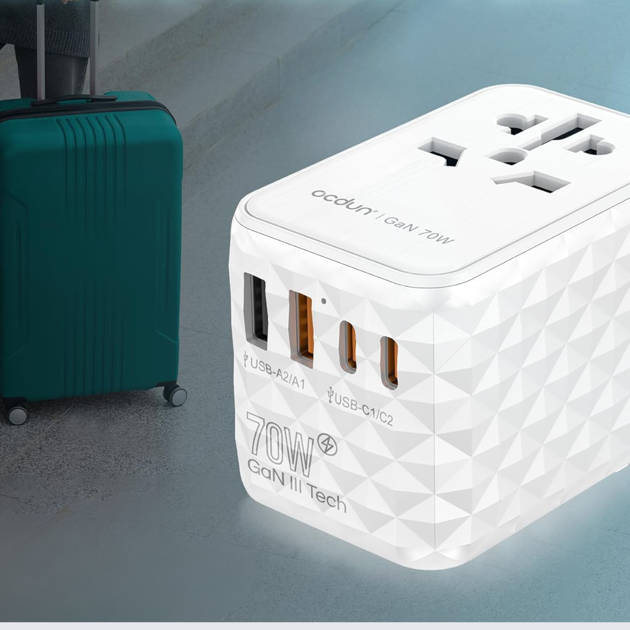 ocdun Universal Travel Adapter 70W GaN III | Worldwide Power Adapter with UK/US/EU/AU Plugs, 2 USB-C PD 70W, USB-A 60W, AC Socket