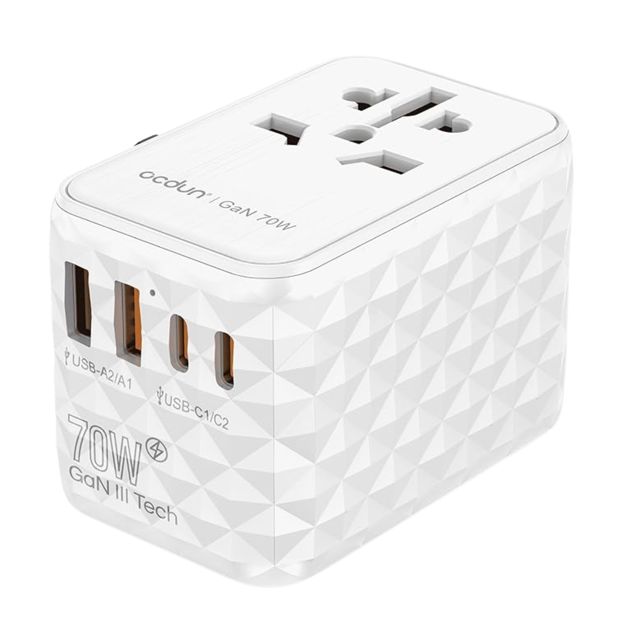 ocdun Universal Travel Adapter 70W GaN III | Worldwide Power Adapter with UK/US/EU/AU Plugs, 2 USB-C PD 70W, USB-A 60W, AC Socket
