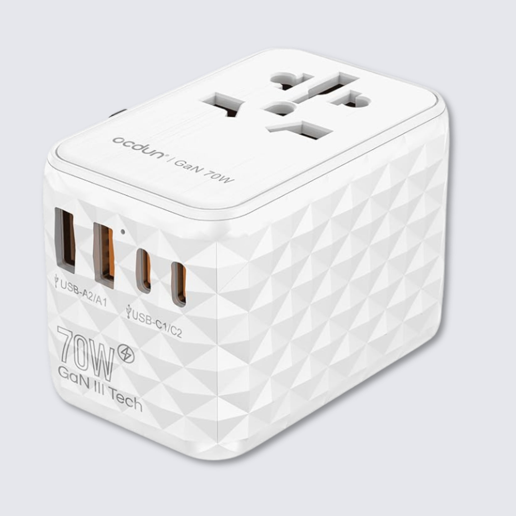 ocdun Universal Travel Adapter 70W GaN III | Worldwide Power Adapter with UK/US/EU/AU Plugs, 2 USB-C PD 70W, USB-A 60W, AC Socket
