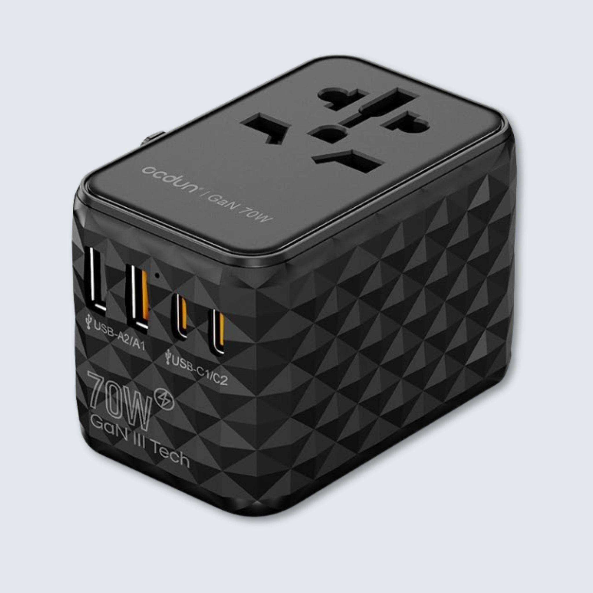 ocdun Universal Travel Adapter 70W GaN III | Worldwide Power Adapter with UK/US/EU/AU Plugs, 2 USB-C PD 70W, USB-A 60W, AC Socket
