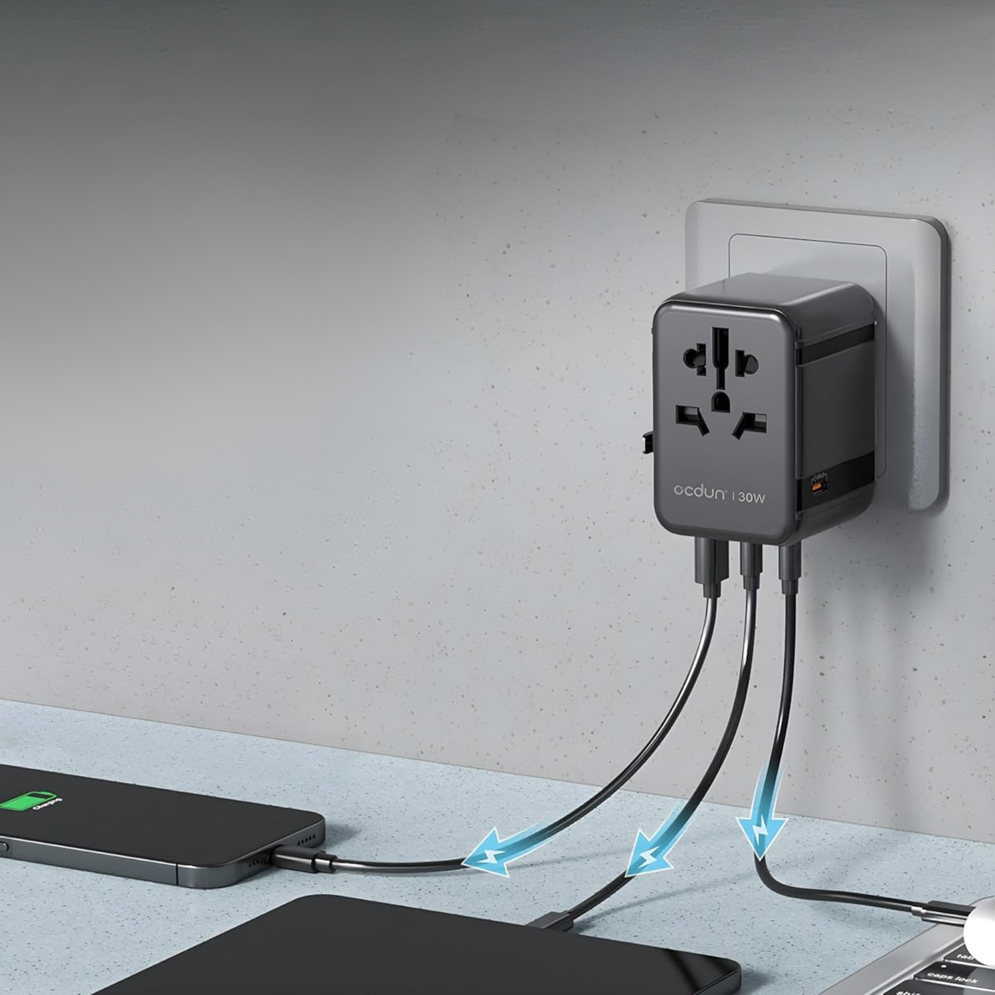 ocdun Universal Travel Adapter 70W GaN III | Worldwide Power Adapter with UK/US/EU/AU Plugs, 2 USB-C PD 70W, USB-A 60W, AC Socket
