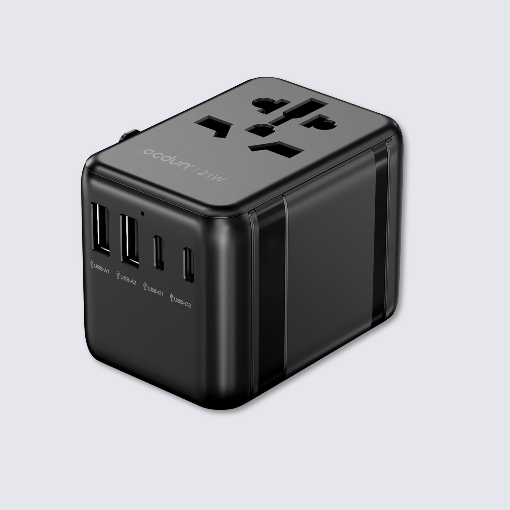 ocdun Universal Travel Adapter 70W GaN III | Worldwide Power Adapter with UK/US/EU/AU Plugs, 2 USB-C PD 70W, USB-A 60W, AC Socket