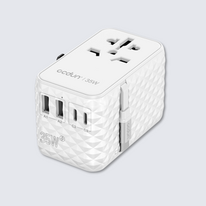ocdun Universal Travel Adapter 70W GaN III | Worldwide Power Adapter with UK/US/EU/AU Plugs, 2 USB-C PD 70W, USB-A 60W, AC Socket