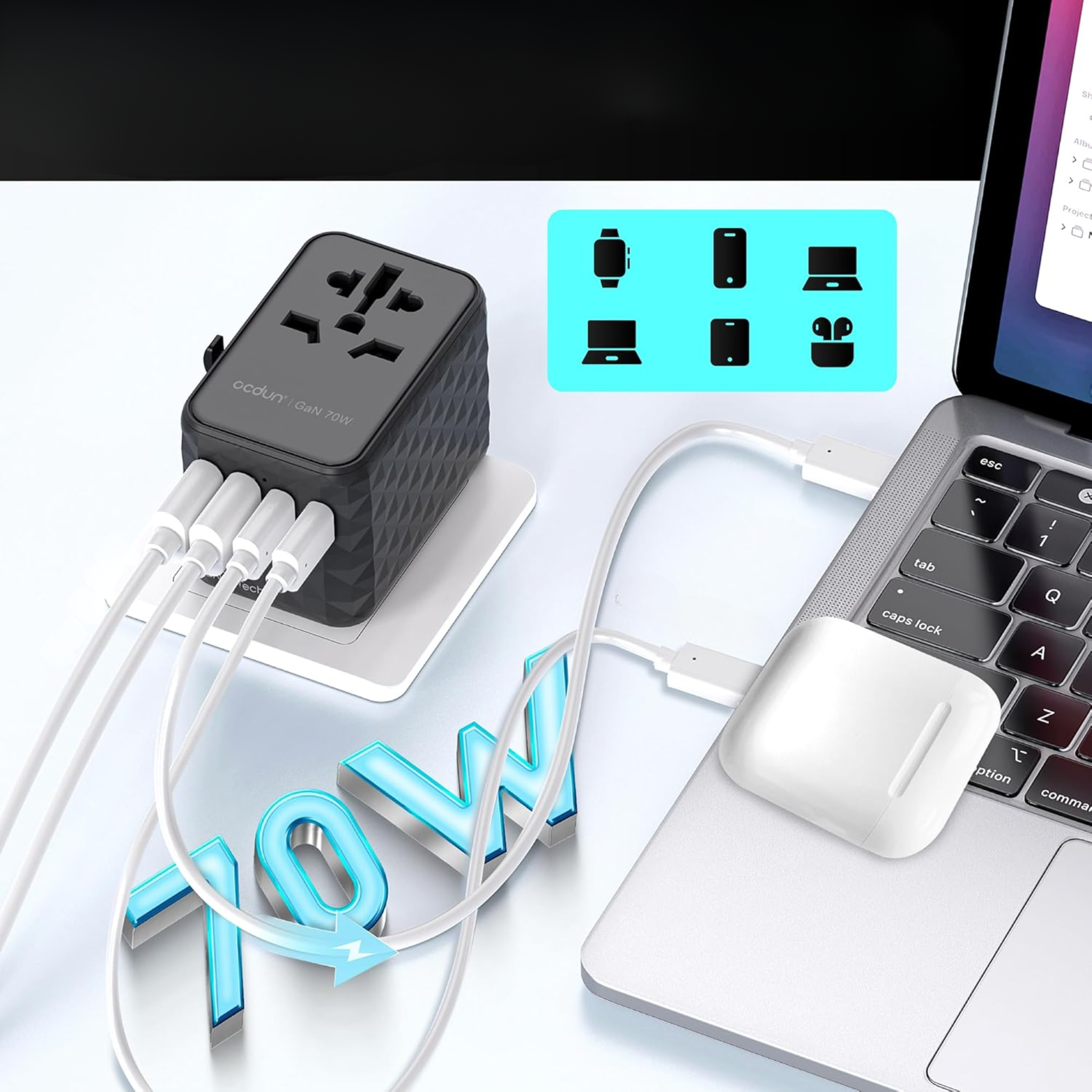 ocdun Universal Travel Adapter 70W GaN III | Worldwide Power Adapter with UK/US/EU/AU Plugs, 2 USB-C PD 70W, USB-A 60W, AC Socket