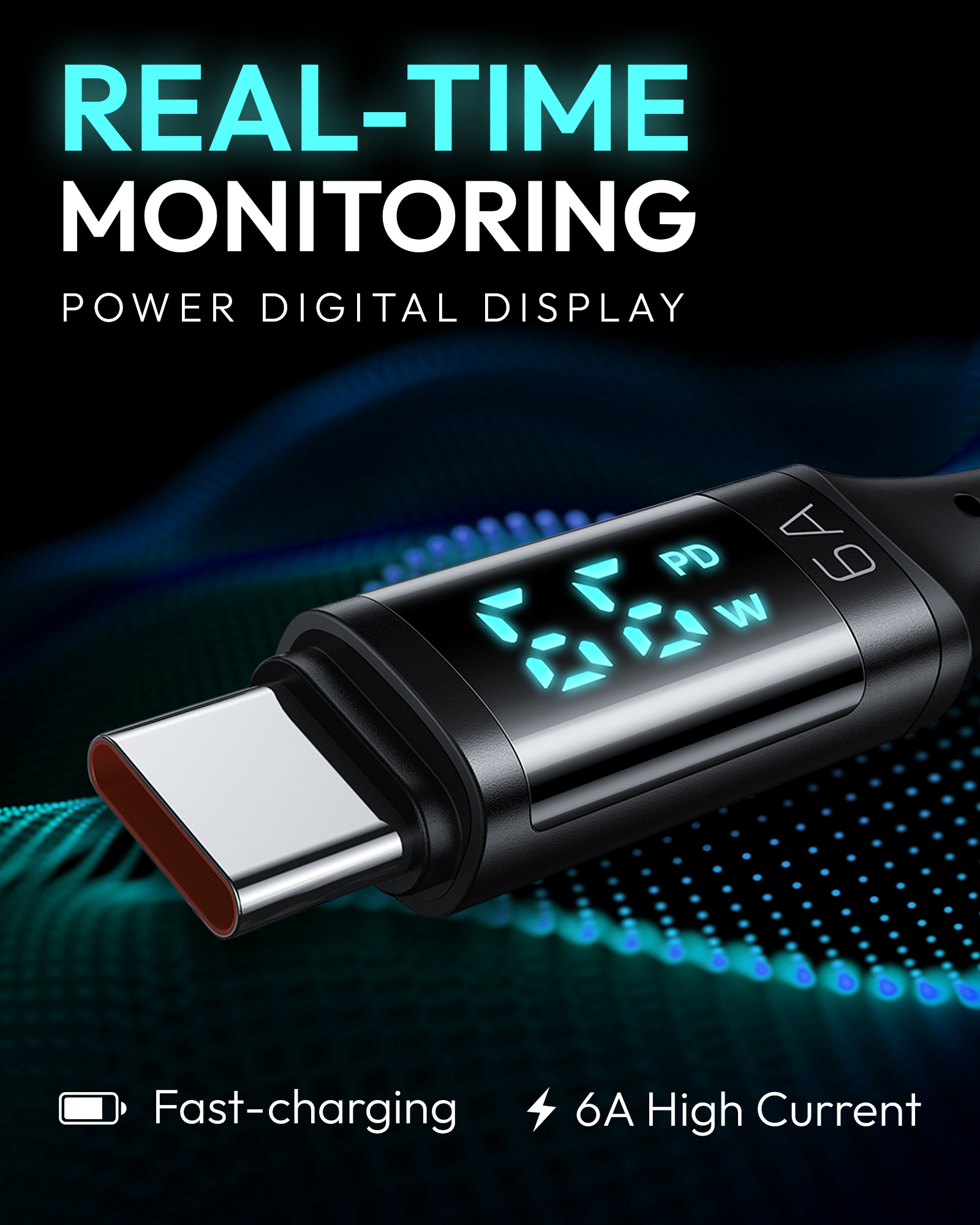 USB A to USB C Cable with digital power display