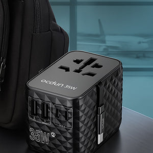 ocdun Universal Travel Adapter 70W GaN III | Worldwide Power Adapter with UK/US/EU/AU Plugs, 2 USB-C PD 70W, USB-A 60W, AC Socket
