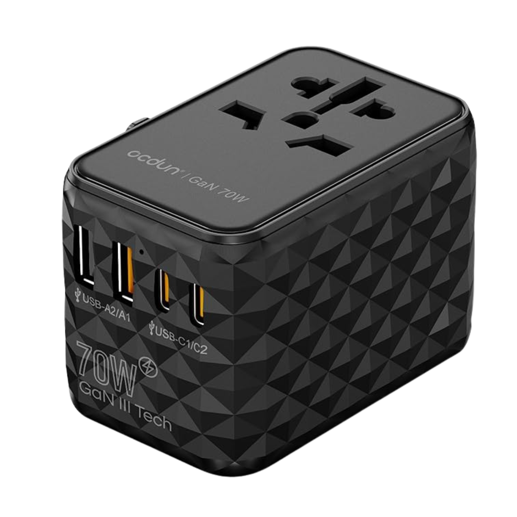 ocdun Universal Travel Adapter 70W GaN III | Worldwide Power Adapter with UK/US/EU/AU Plugs, 2 USB-C PD 70W, USB-A 60W, AC Socket