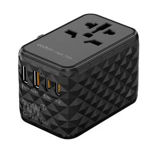 ocdun Universal Travel Adapter 70W GaN III | Worldwide Power Adapter with UK/US/EU/AU Plugs, 2 USB-C PD 70W, USB-A 60W, AC Socket